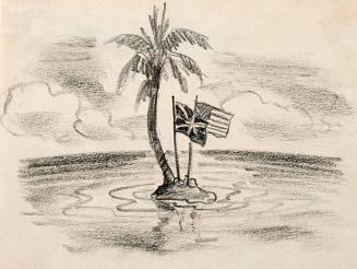 [British and American flags on tropical island]