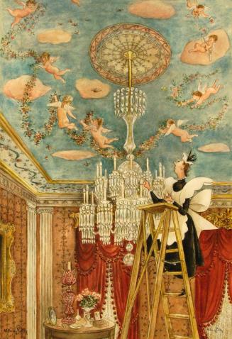 [Fay replacing bulb in chandelier]