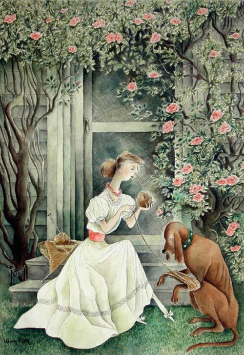 No caption (woman with dog and yarn)