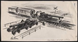 No caption (two big guns at railroad crossing)
