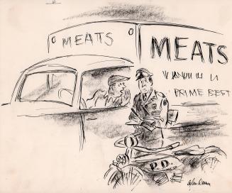 No caption (traffic cop being offered bribe by driver of a meat truck);