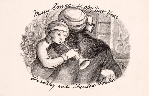 [Christmas card, woman and boy with horn]