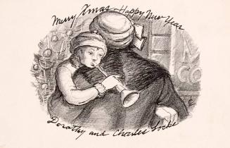 [Christmas card, woman and boy with horn]