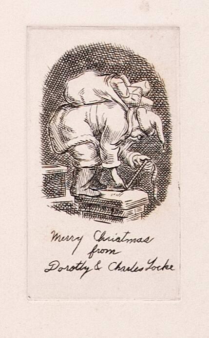 [Christmas card, Santa on top of chimney]