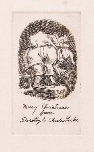 [Christmas card, Santa on top of chimney]