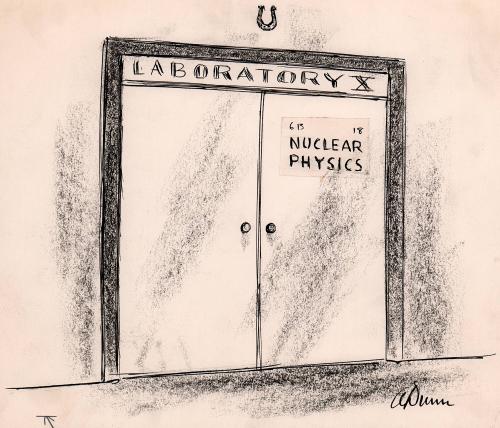No caption (horseshoe over door to nuclear physics laboratory);