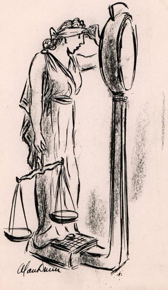 No caption (the personification of Justice standing on bathroom scales and lifting her blindfold to check her weight);