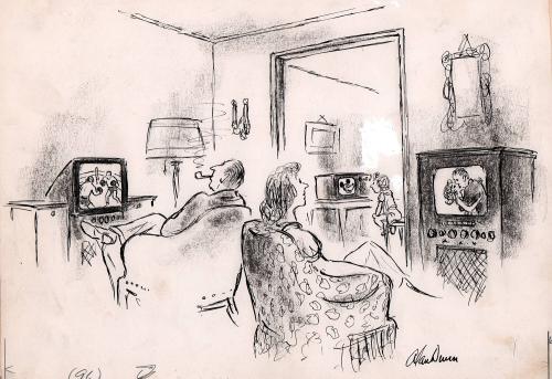 [Family watching separate televisions]