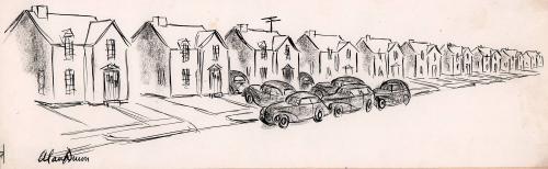 [Row of houses, center house has an antenna and cars parked in front]