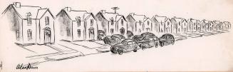 [Row of houses, center house has an antenna and cars parked in front]