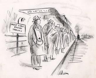 No Caption  (man with canteen waiting for New York train)