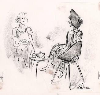 No Caption  (two ladies at tea, one wearing a hat that looks like a modern chair)