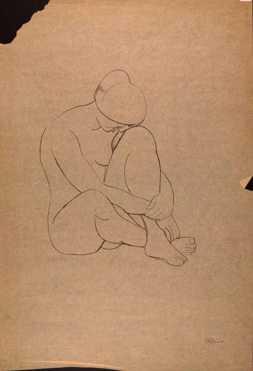 [Seated nude woman with feet crossed and head resting on knee]