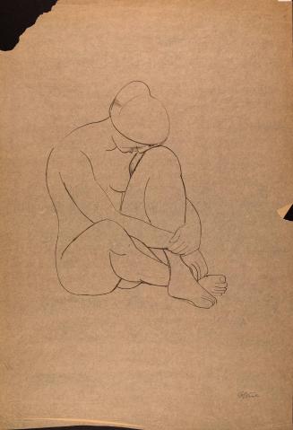 [Seated nude woman with feet crossed and head resting on knee]