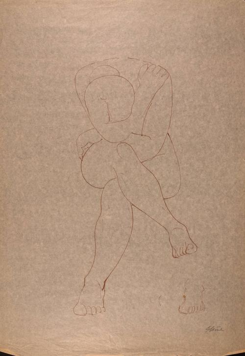[Seated nude woman with legs crossed and head hidden by arm]