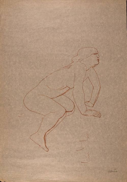 [Seated nude woman leaning on hands]