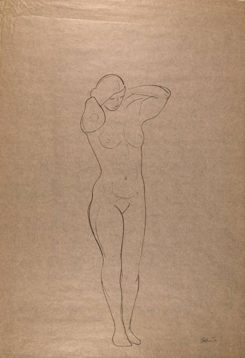 [Standing nude woman with hands behind head]