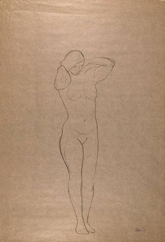 [Standing nude woman with hands behind head]