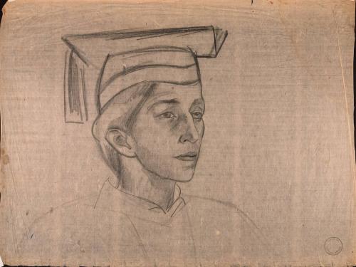 Portrait bust of woman in cap and gown