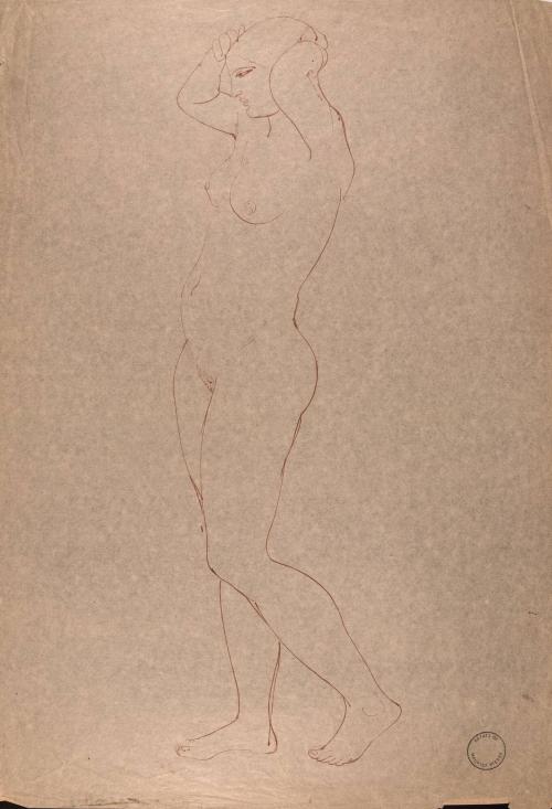 [Standing female figure with hands on head]