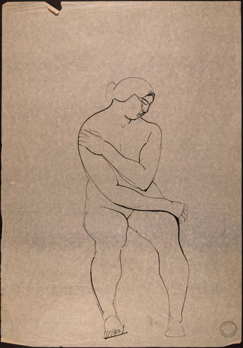 [Seated nude, one hand on shoulder]