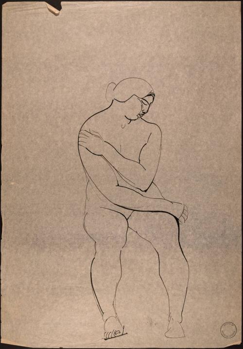 Seated nude, one hand on shoulder