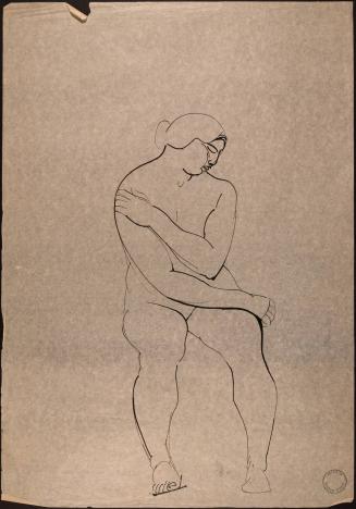 [Seated nude, one hand on shoulder]