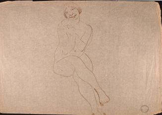 [Seated nude woman with arms covering chest]