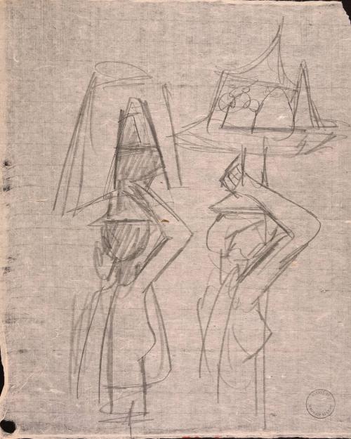 [Figure study of two women carrying objects on their heads]