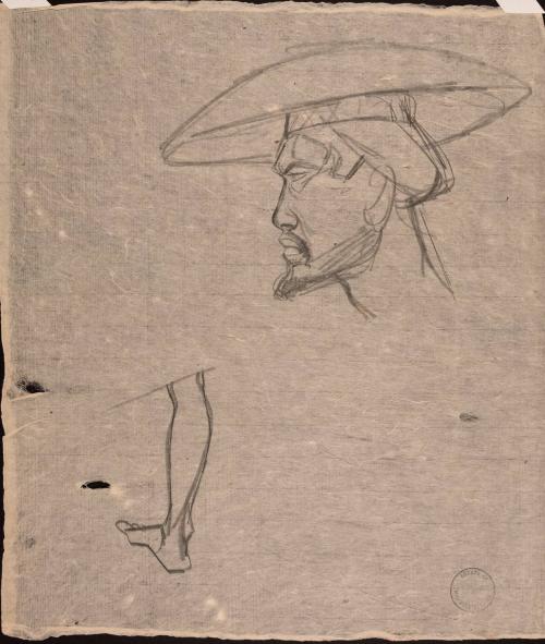 [Figure study of man's head and leg]
