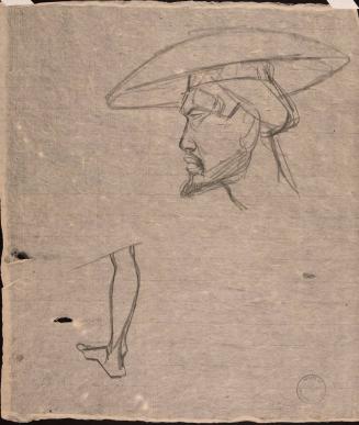 [Figure study of man's head and leg]