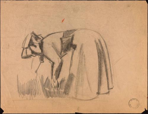 [Woman bent over, tending garden]