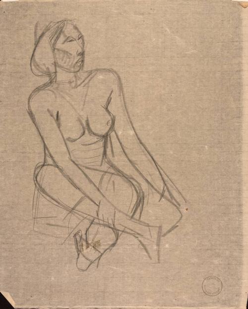[Topless woman sitting criss-cross]