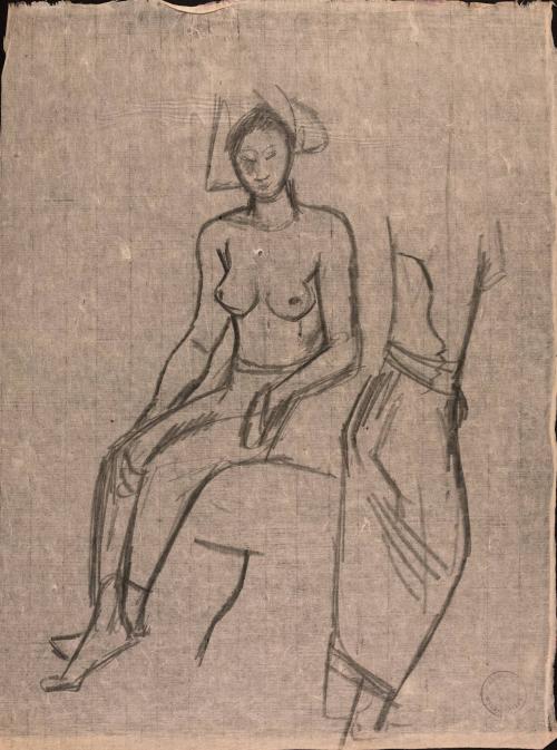 [Seated topless woman]