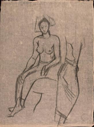 [Seated topless woman]