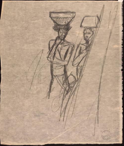 Two figures carrying baskets