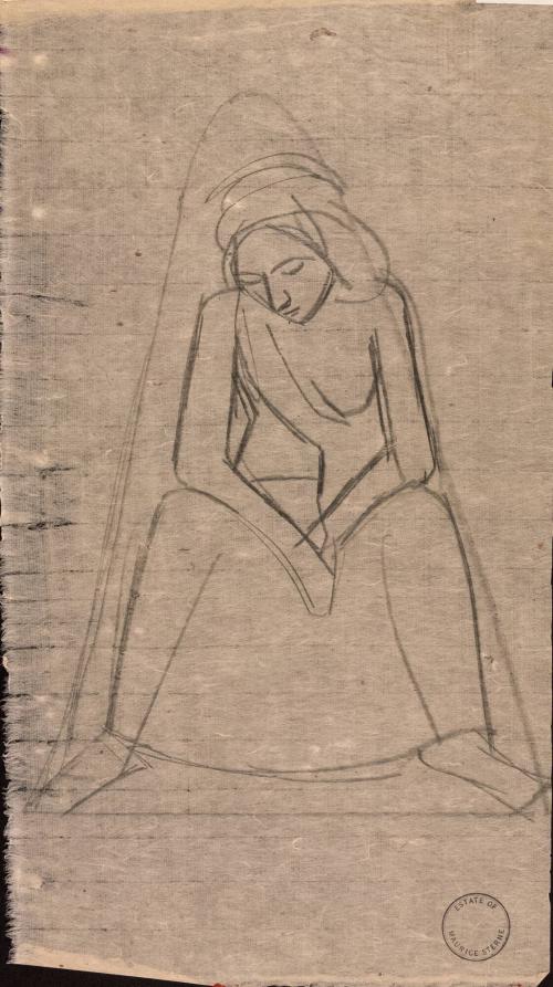 [Seated woman with legs apart, arms resting on knees]