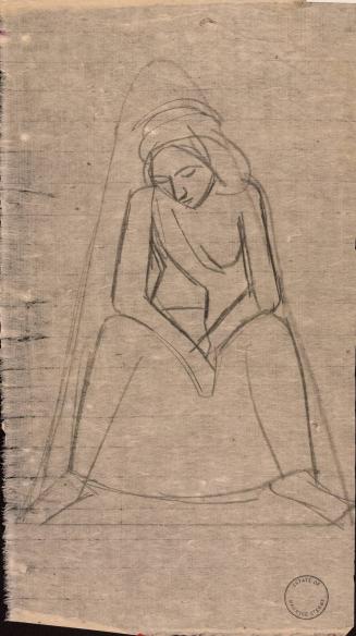 [Seated woman with legs apart, arms resting on knees]