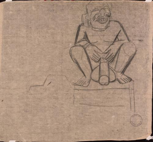 [Squatting nude figure]