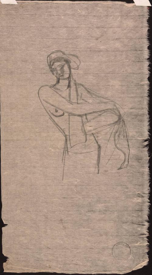 [Study of woman holding left arm]