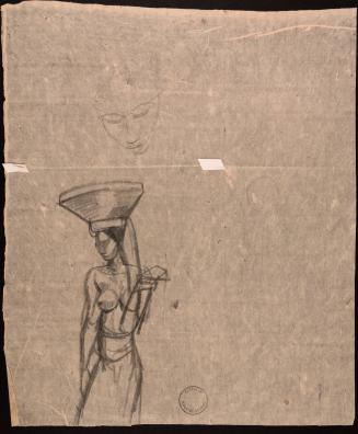 Balinese woman with a basket on her head, and sketch of a head