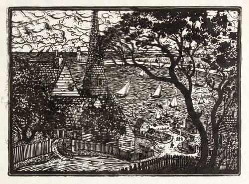[Landscape with village and sailboats]