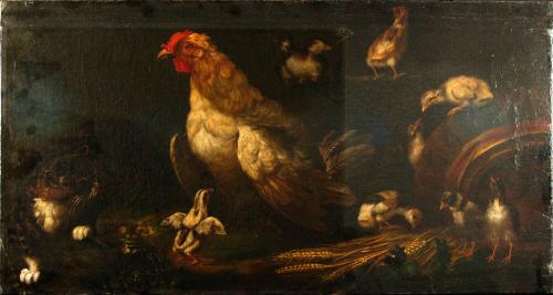 Barnyard scene with rooster