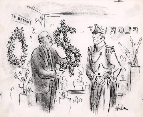 No Caption (Doorman buying $- shaped wreath)