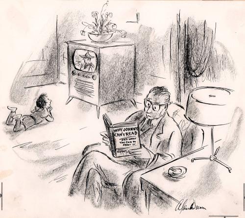 No caption (child watching T.V. as man reads book "Johnny can't read" )