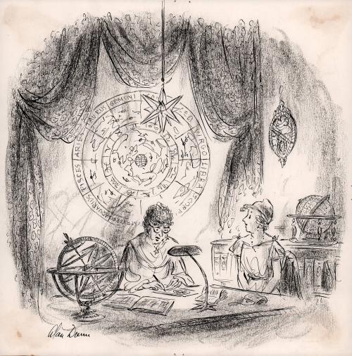 "Frankly, Miss Plackett, you have a slight overlapping of the lunar returns, but cheer up and this goes for all you Capricorns. You have Saturn conjunct Mercury, which deepens the mind, and you have Venus, the love planet in trine with Pluto, which really gives you the go-ahead provided, of course, the new earth satellite doesn't come along and gum things up."