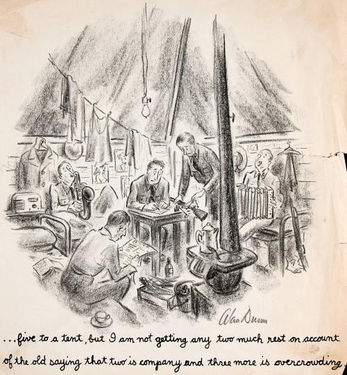 "...five to a tent, but I am not getting any two much rest on account of the old saying that two is company and three more is overcrowding."