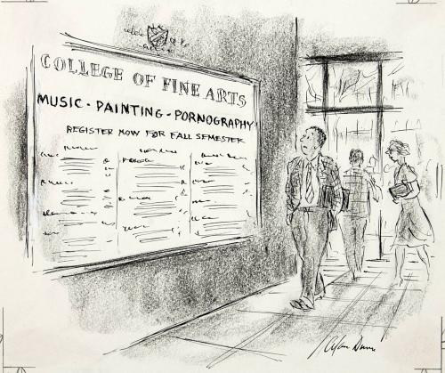 No caption (young man walking past College of Fine Arts Poster offering courses in "Music Painting Pornography")