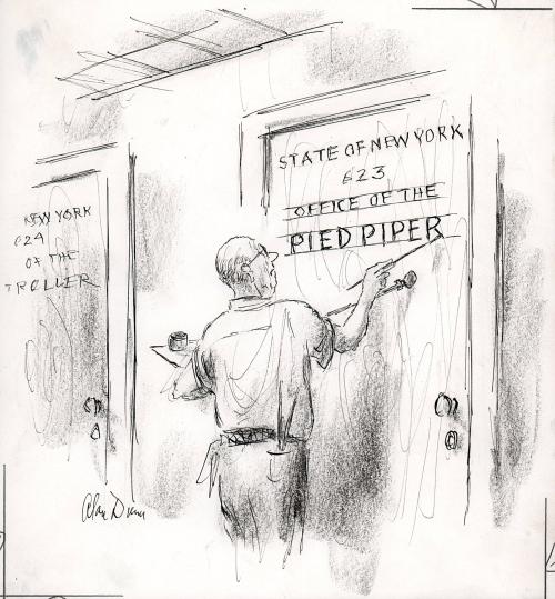 No caption ("Office of the Pied Piper" sign being painted on door)