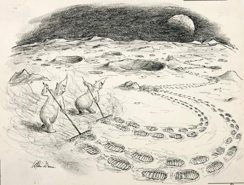 No caption (moon creatures raking over footprints left by spacemen from Earth)